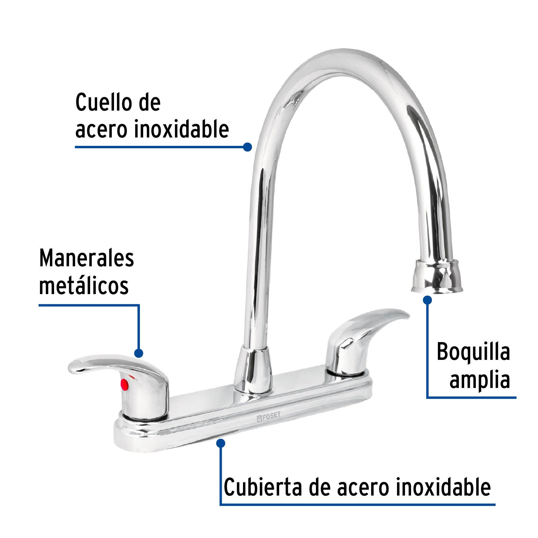 Mezcladora fregadero 8" cromo, cuello largo, palanca, AQUA