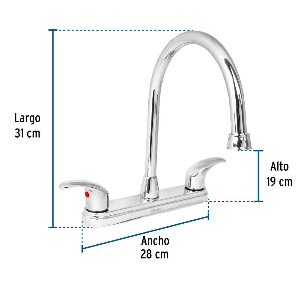 Mezcladora fregadero 8" cromo, cuello largo, palanca, AQUA