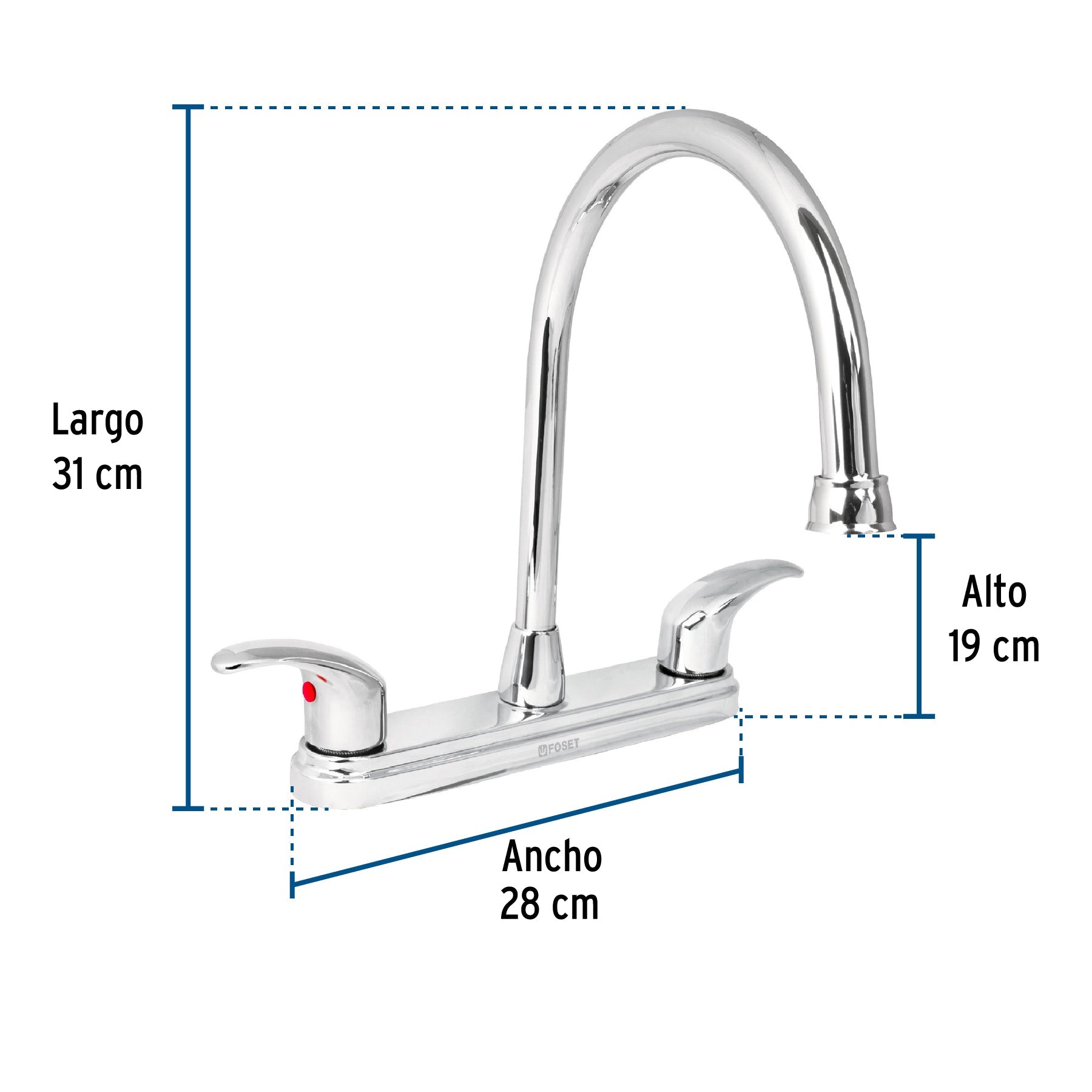 Mezcladora fregadero 8" cromo, cuello largo, palanca, AQUA