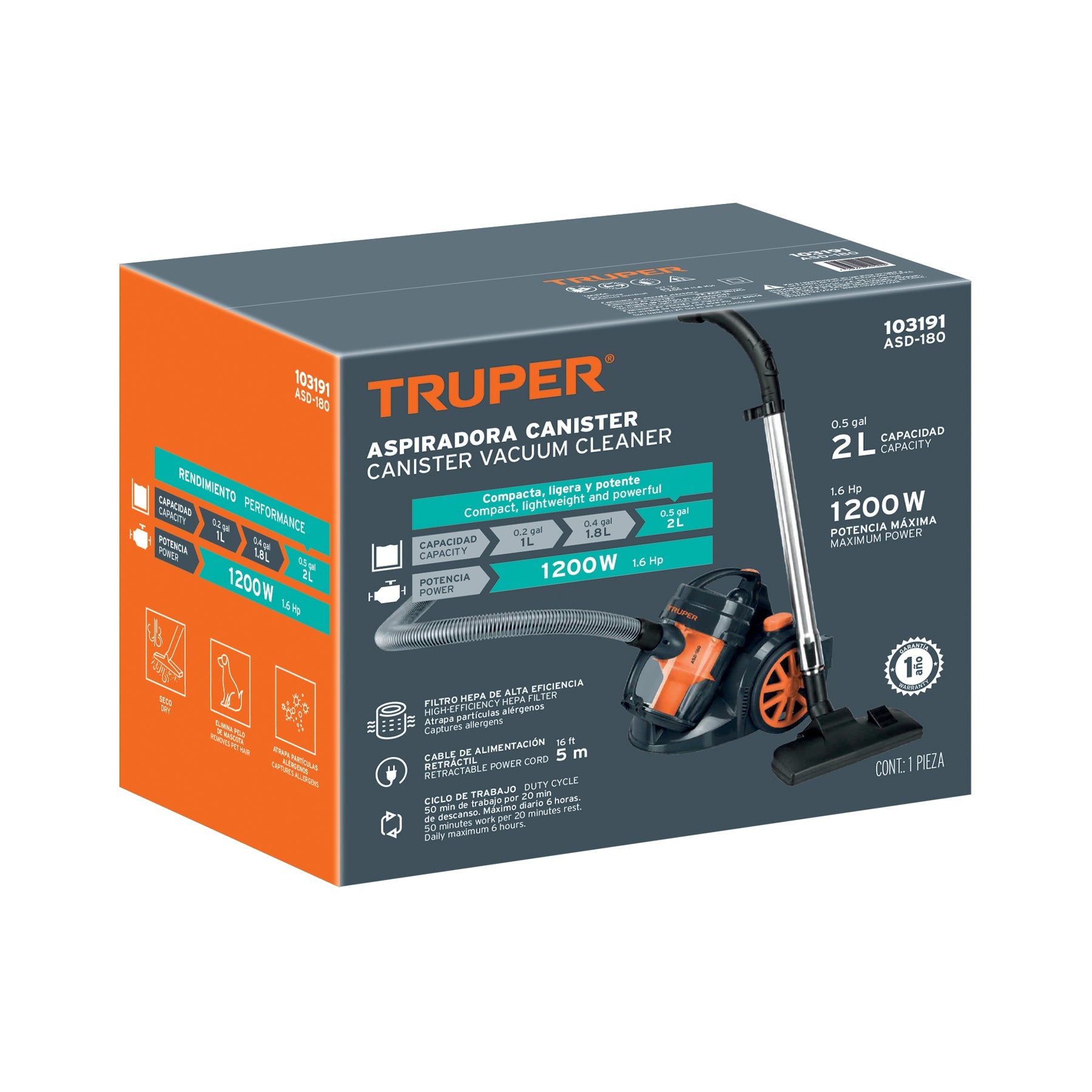 Bote aspirador 2 L (0,5 gal), 1.200 W (1,6 Hp), TRUPER