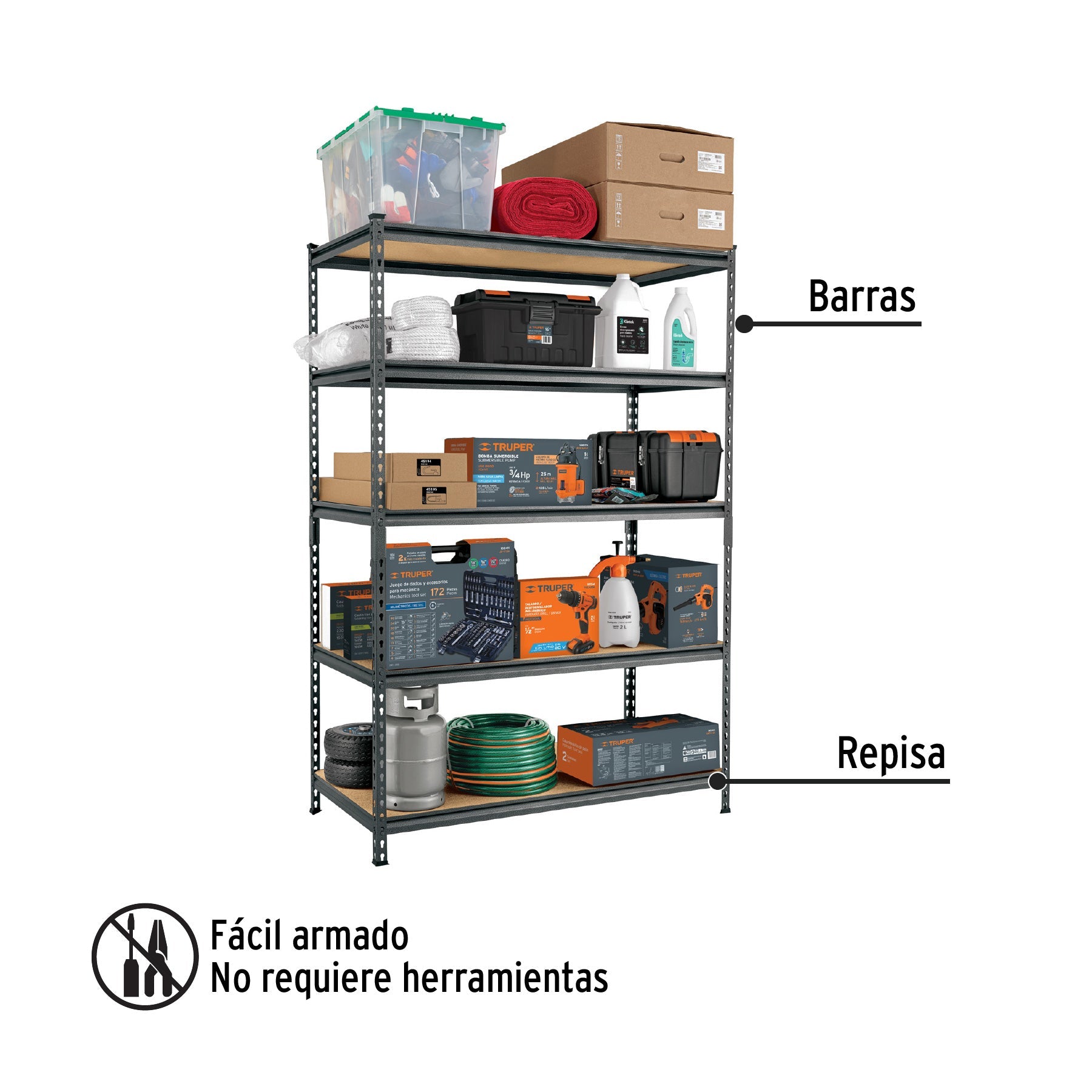 Estante metálico 5 repisas MDP cap. 60 Kg,180x60x120, PRETUL