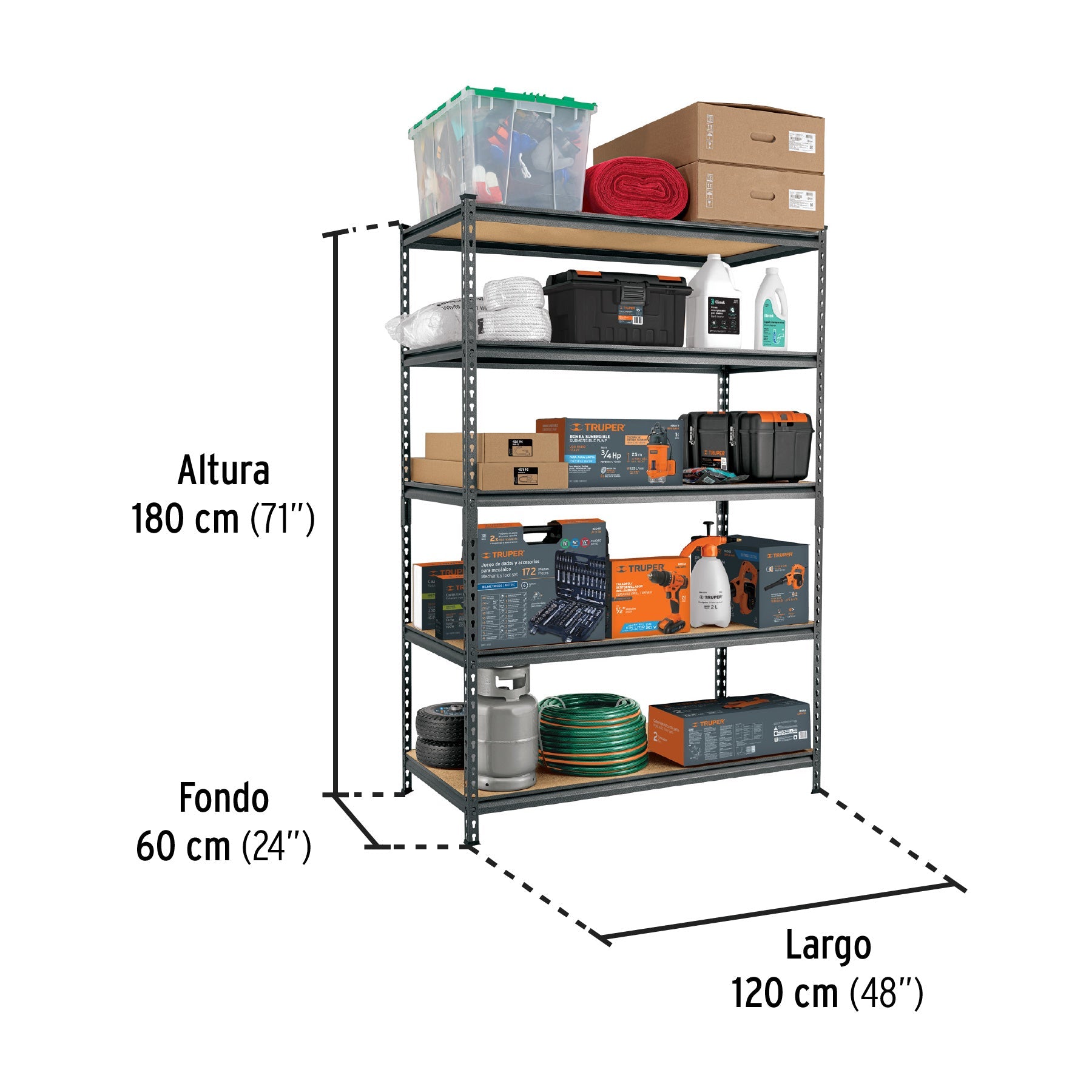 Estante metálico 5 repisas MDP cap. 60 Kg,180x60x120, PRETUL