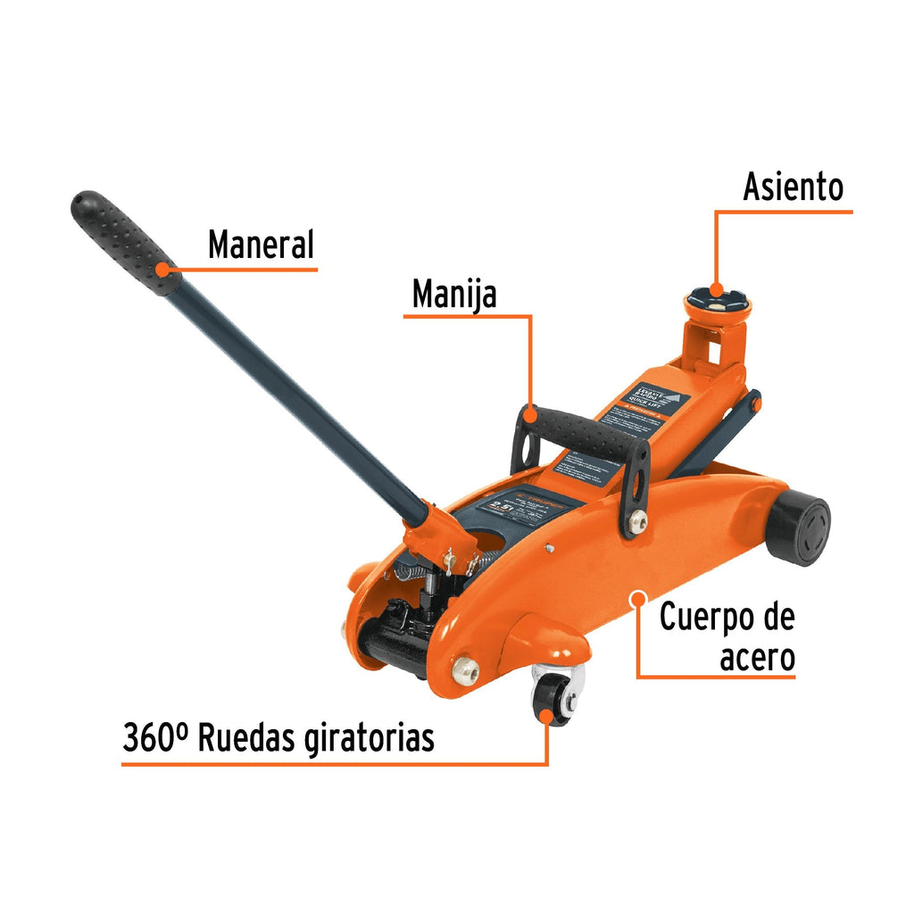 Gato hidráulico de patín 2.5t, elevación rápida, con maletín
