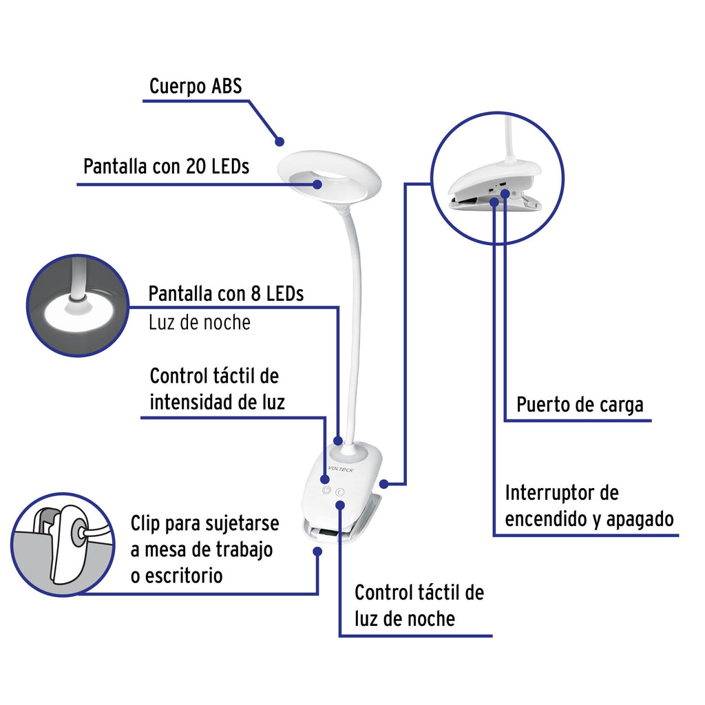 Lámpara escritorio LED 4 W recargable c/clip, 3 intensidades