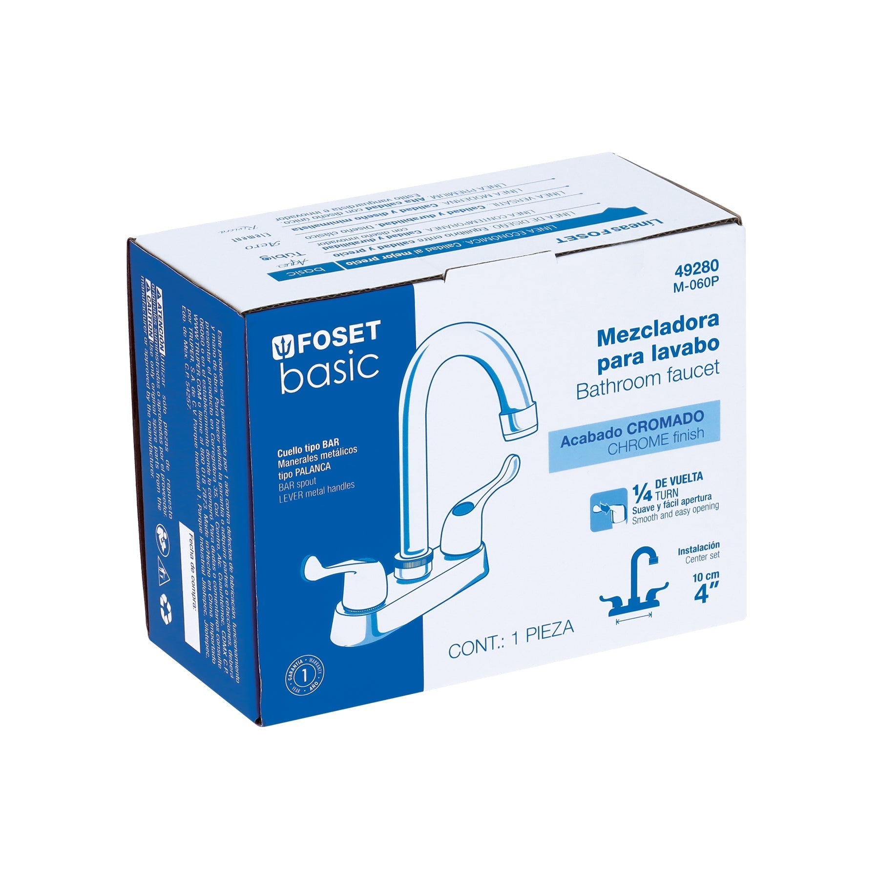 Mezcladora 4" para lavabo, barra de cuello, palancas manerales
