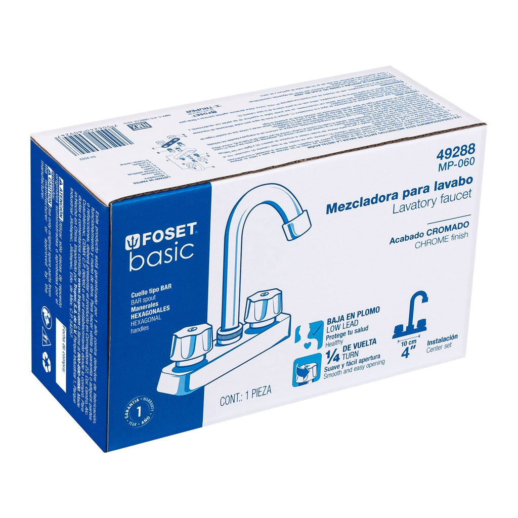 Mezcladora 4" lavabo, ABS, cuello bar, hexagonal, BASIC