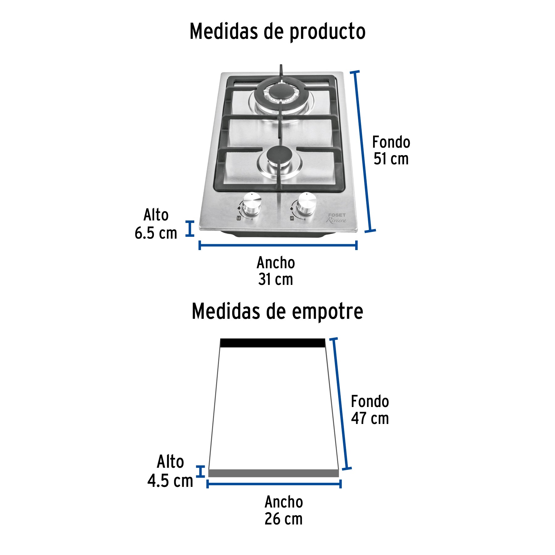 Parrilla gas empotrable 30cm, 2 quem, acero inox, RIVIERA
