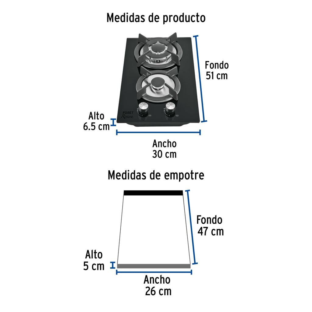 Parrilla gas empotrable 30cm, 2 quem, vidrio negro, RIVIERA