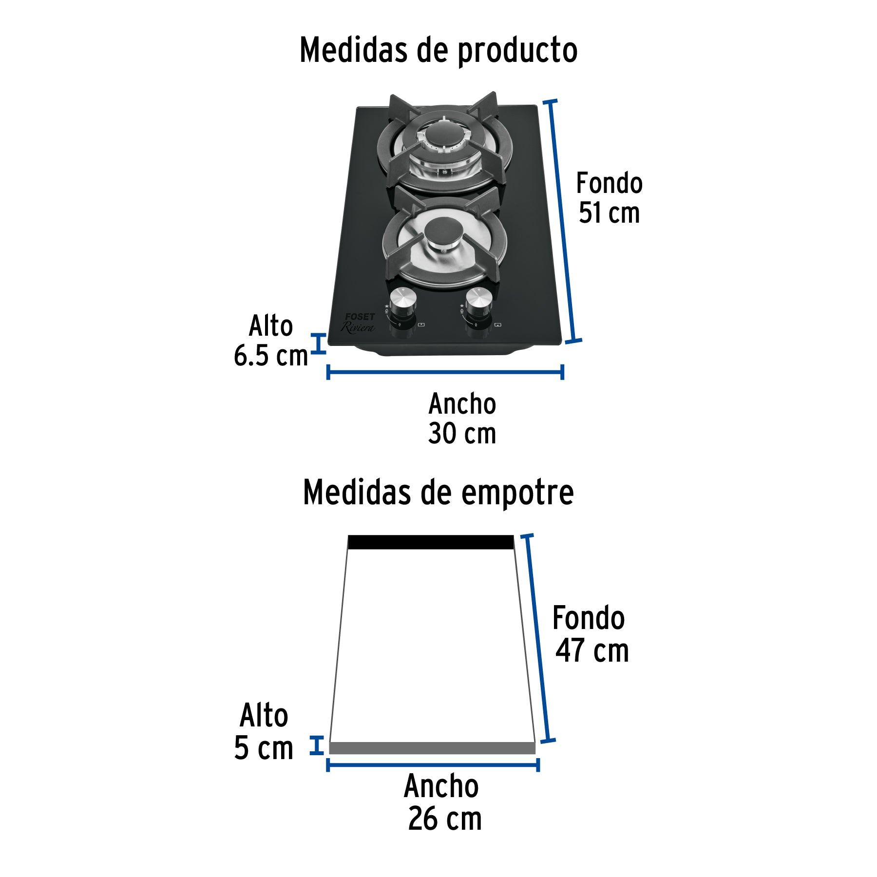 Parrilla gas empotrable 30cm, 2 quem, vidrio negro, RIVIERA