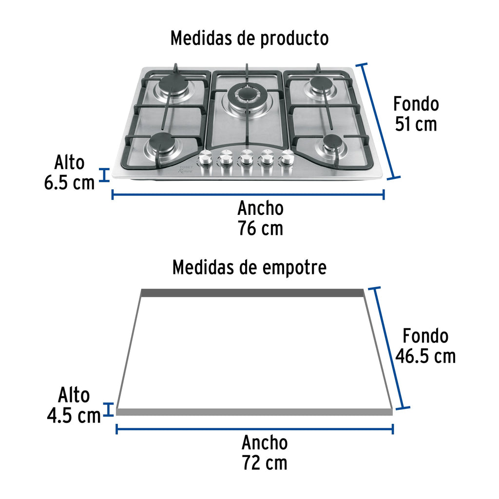 Parrilla gas empotrable 75cm, 5 quem, acero inox, RIVIERA