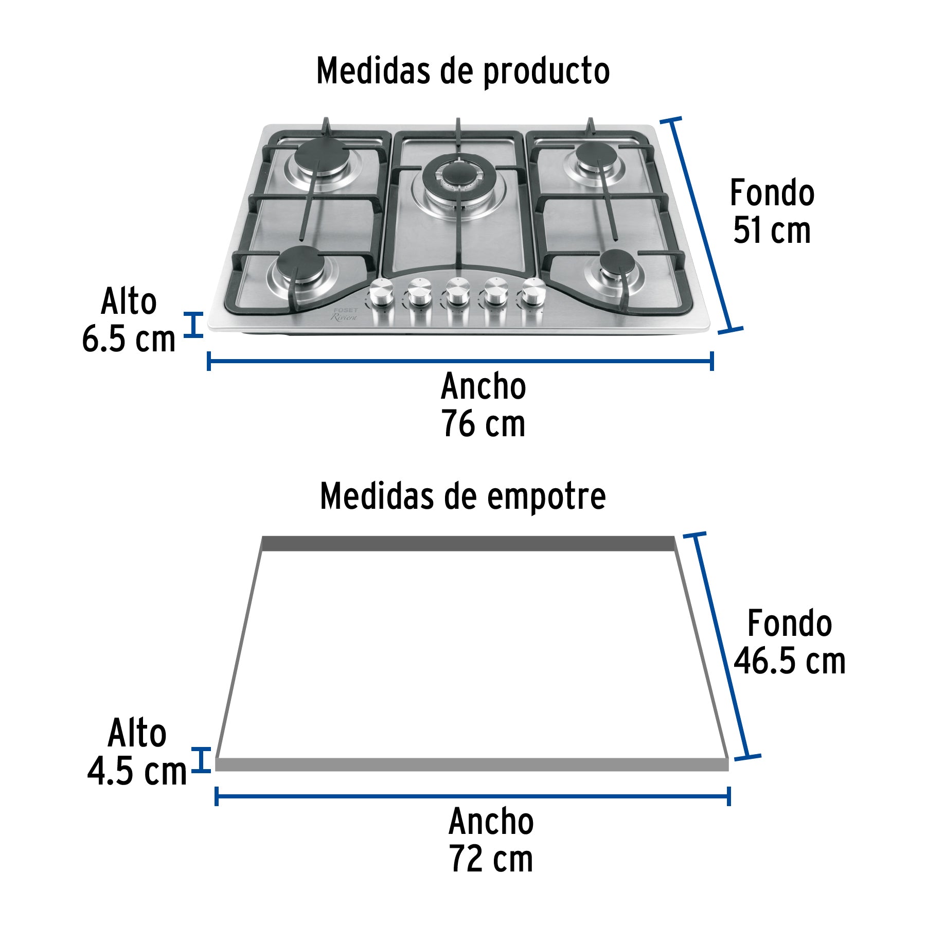 Parrilla gas empotrable 75cm, 5 quem, acero inox, RIVIERA