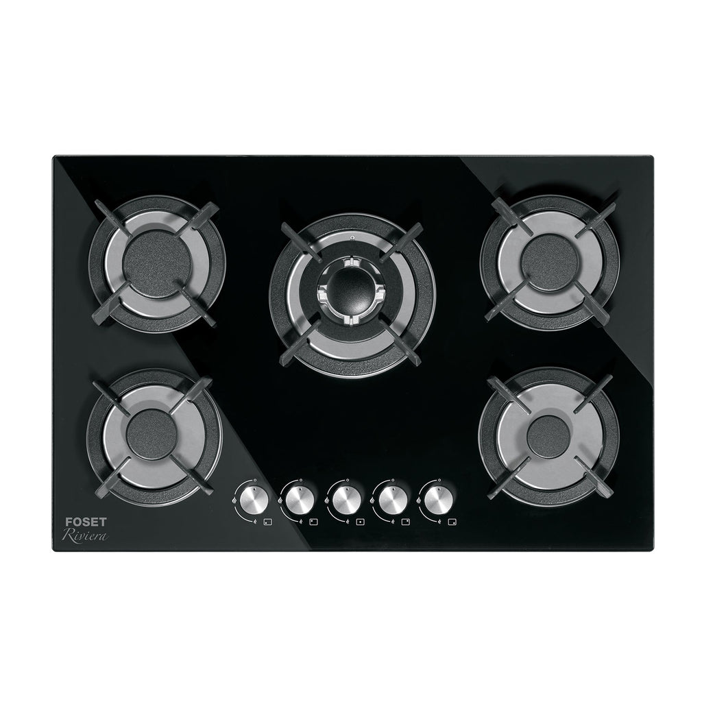 Parrilla gas empotrable 75cm, 5 quem, vidrio negro, RIVIERA