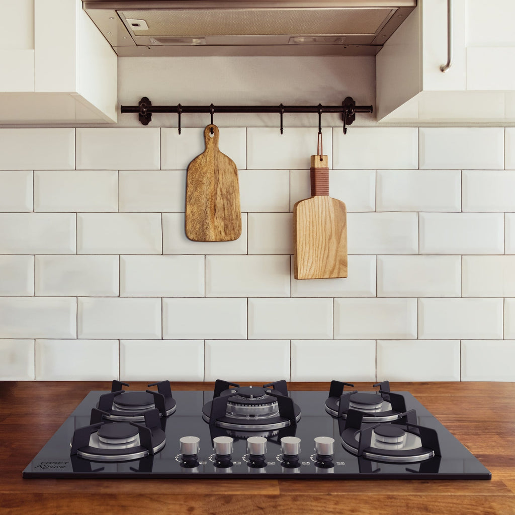 Parrilla gas empotrable 90cm, 5 quem, vidrio negro, RIVIERA