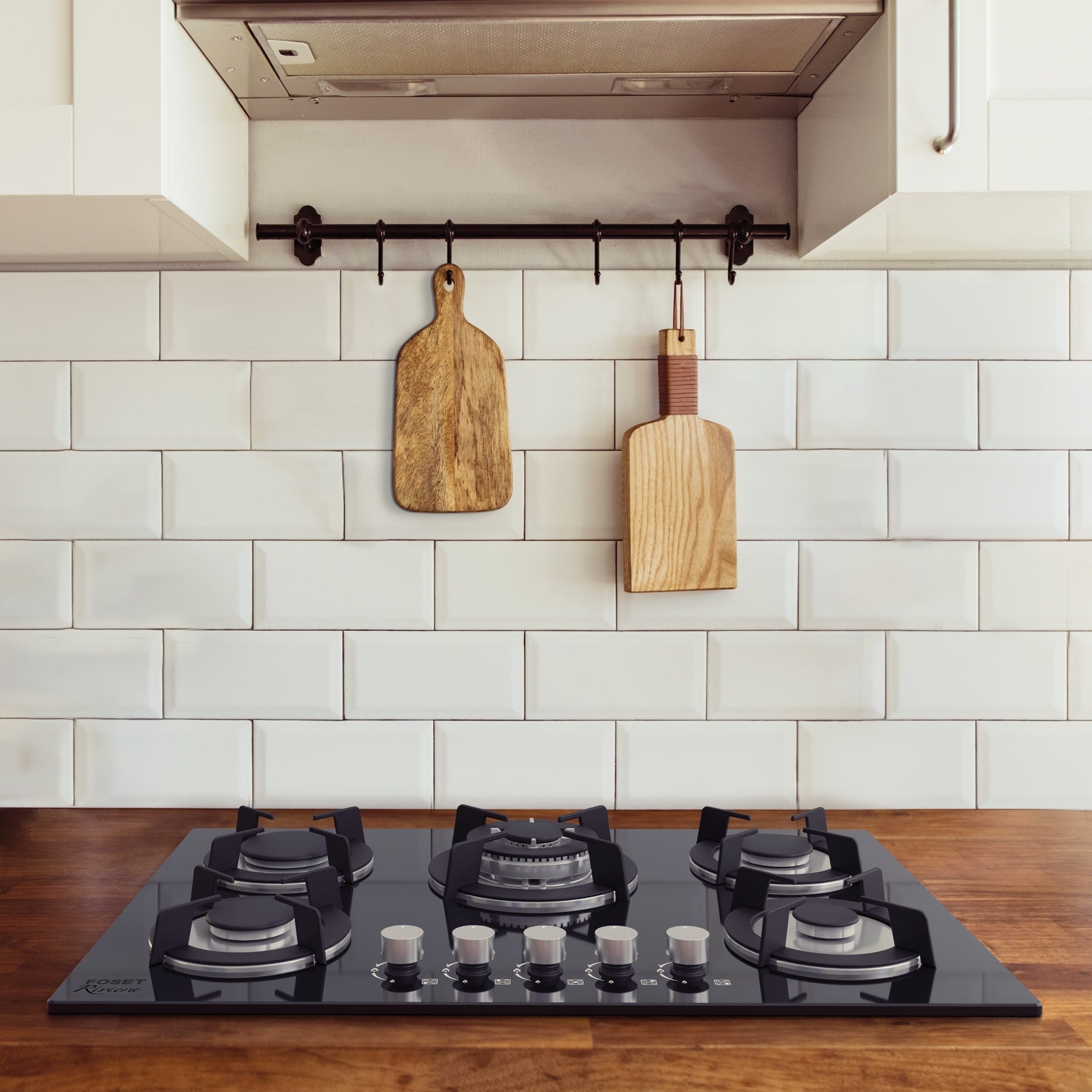 Parrilla gas empotrable 90cm, 5 quem, vidrio negro, RIVIERA