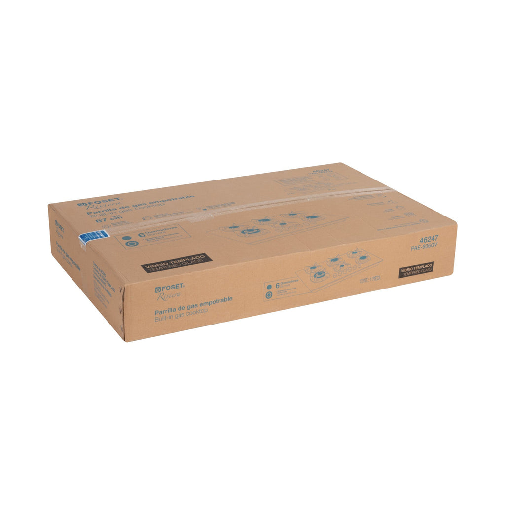 Parrilla gas empotrable 90cm, 6 quem, vidrio negro, RIVIERA