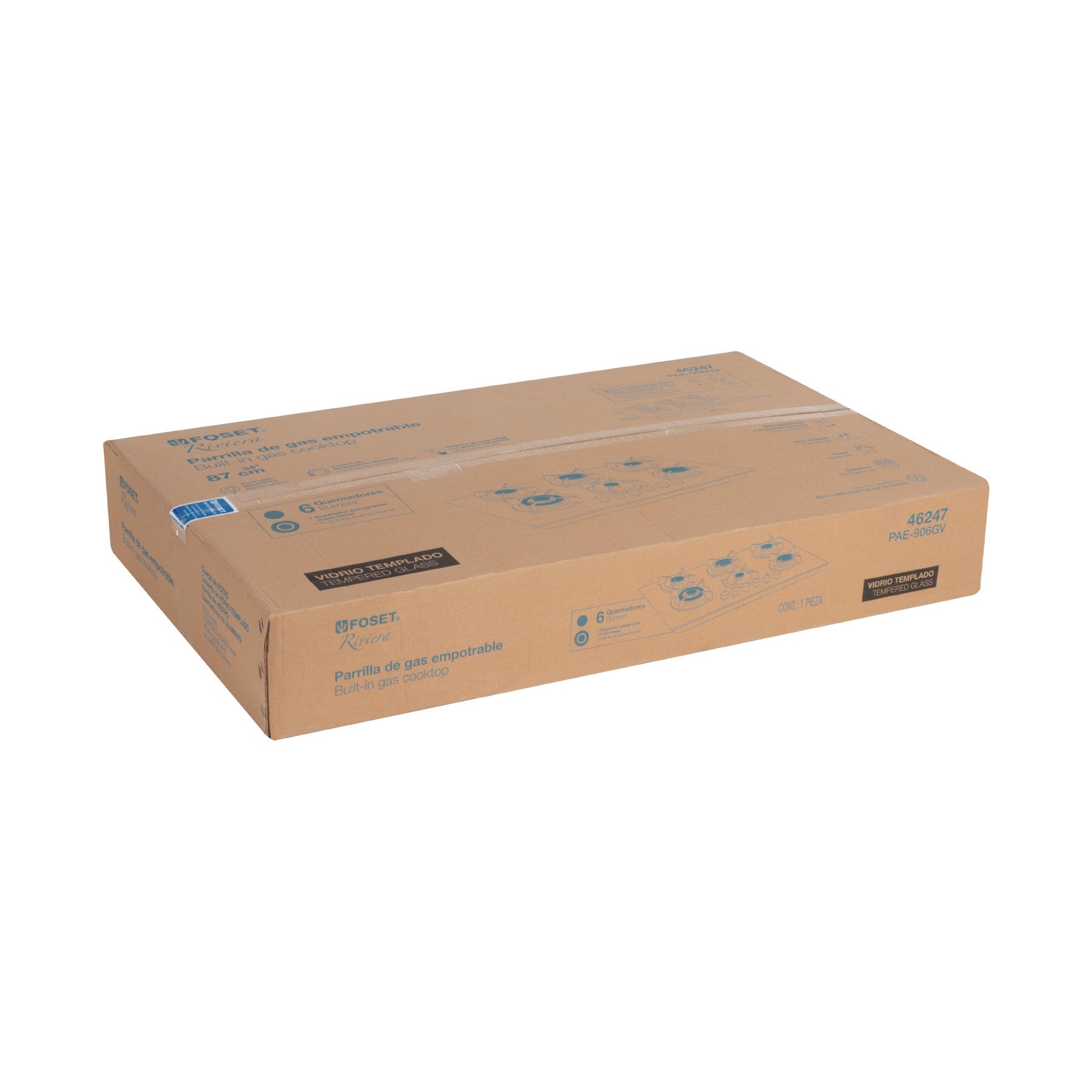 Parrilla gas empotrable 90cm, 6 quem, vidrio negro, RIVIERA