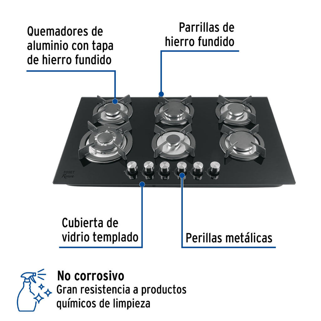 Parrilla gas empotrable 90cm, 6 quem, vidrio negro, RIVIERA