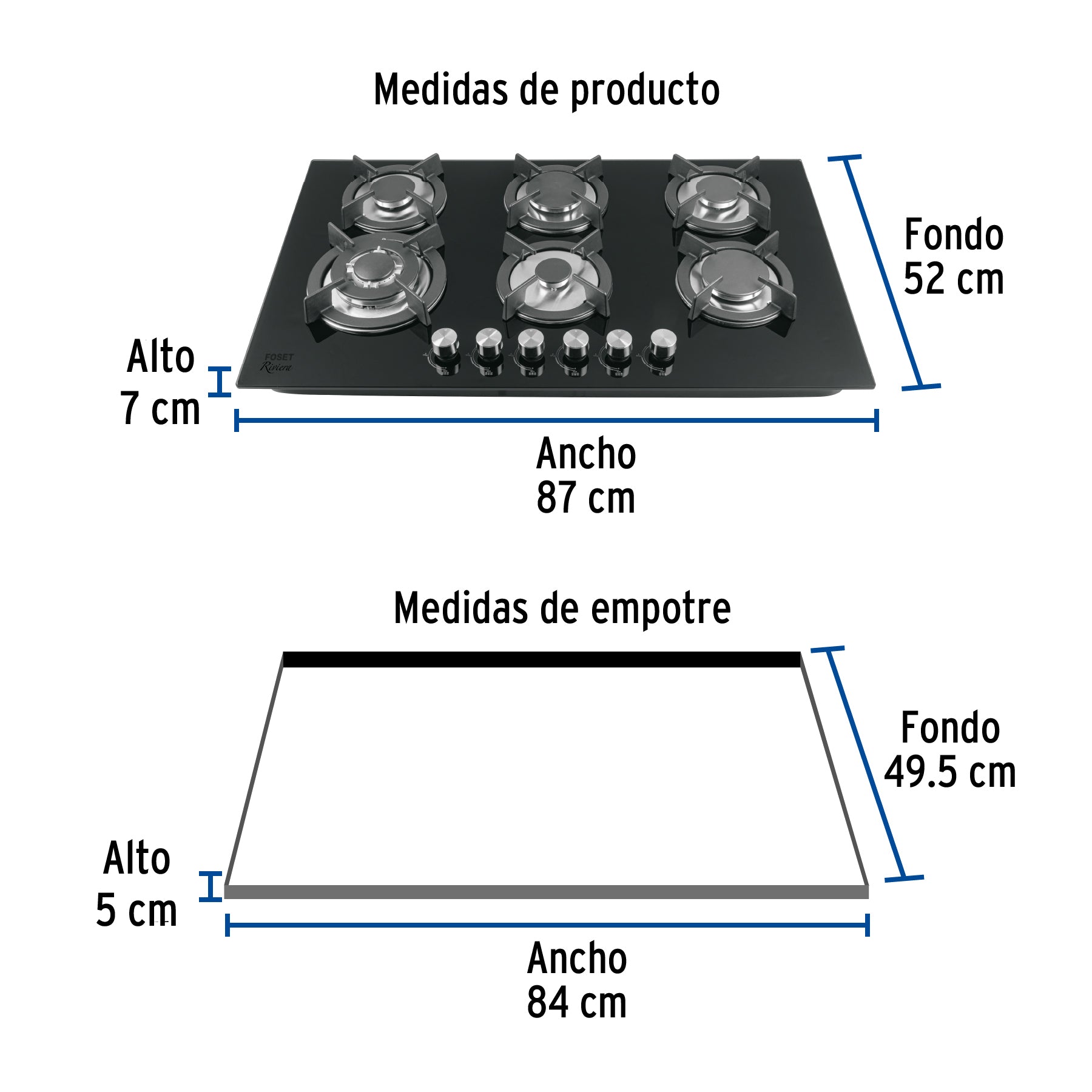 Parrilla gas empotrable 90cm, 6 quem, vidrio negro, RIVIERA