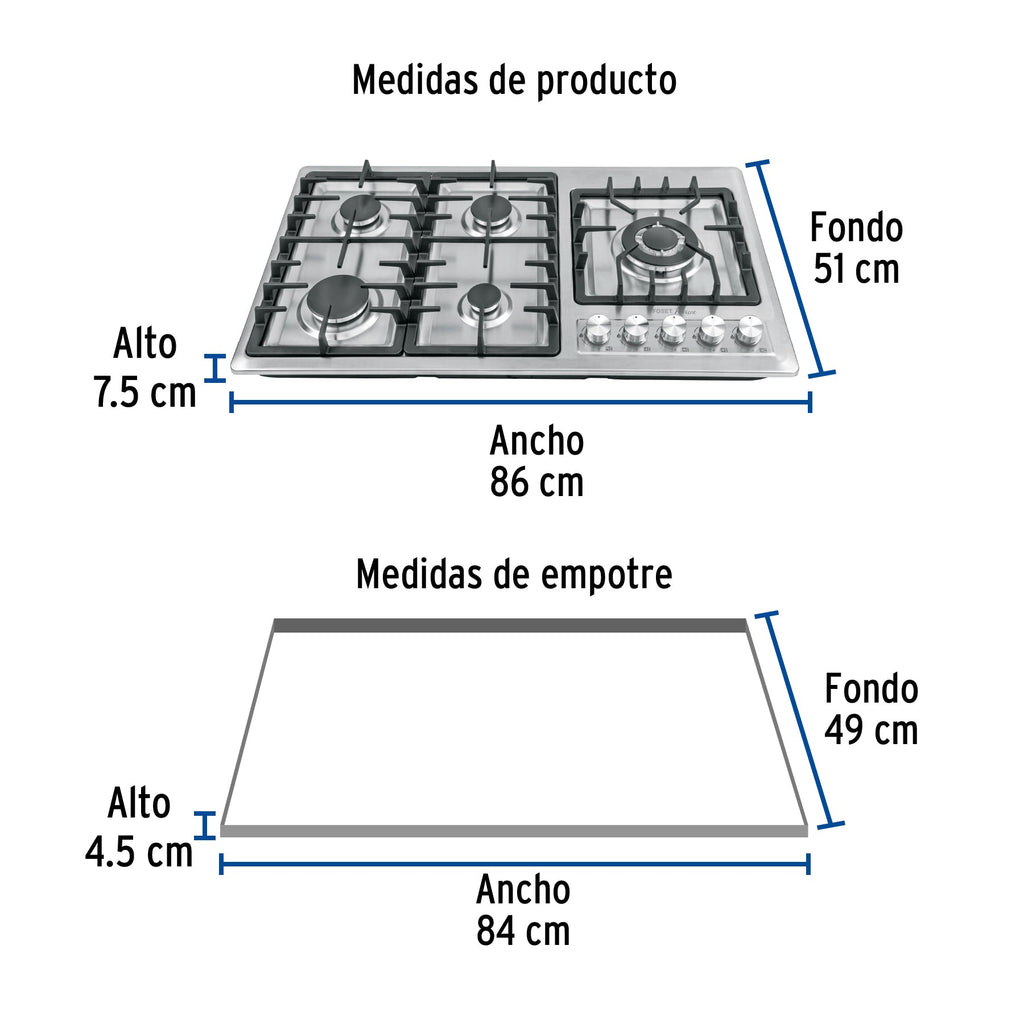 Parrilla gas empotrable 90cm, 5 quem, lateral, inox, RIVIERA