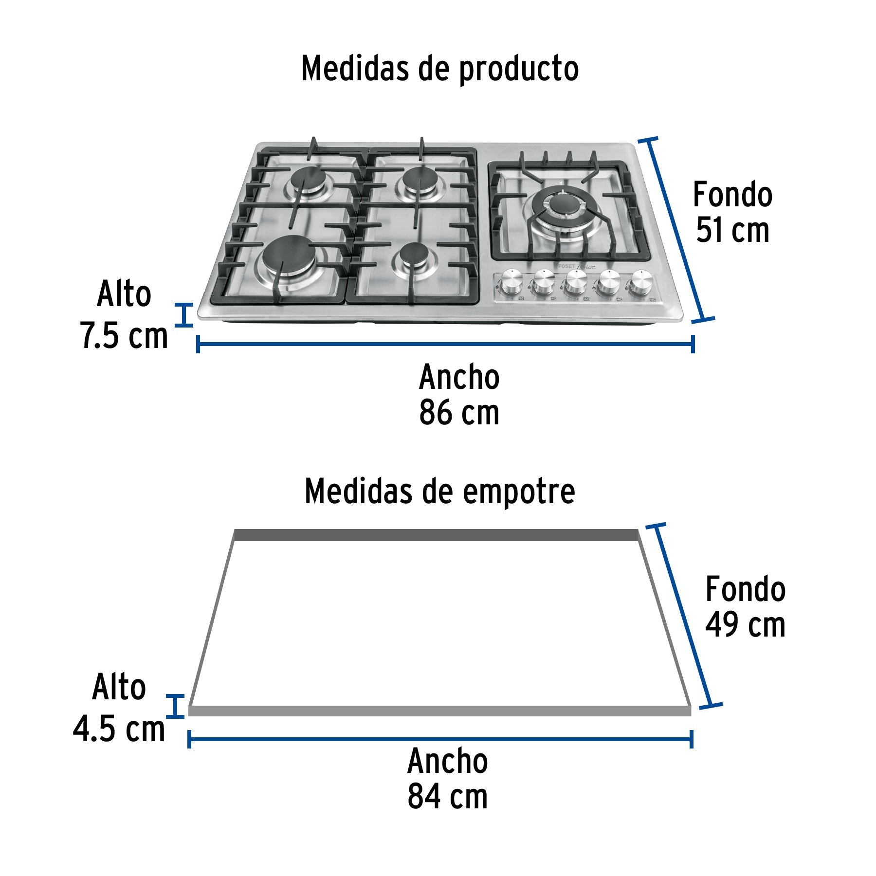 Parrilla gas empotrable 90cm, 5 quem, lateral, inox, RIVIERA