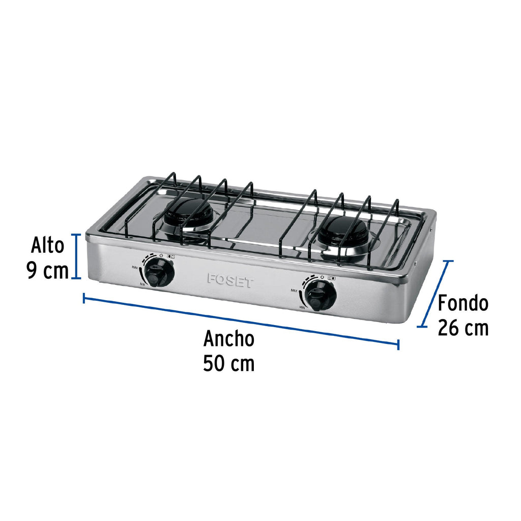 Parrilla de gas de sobreponer 2 quemadores, inox, FOSET