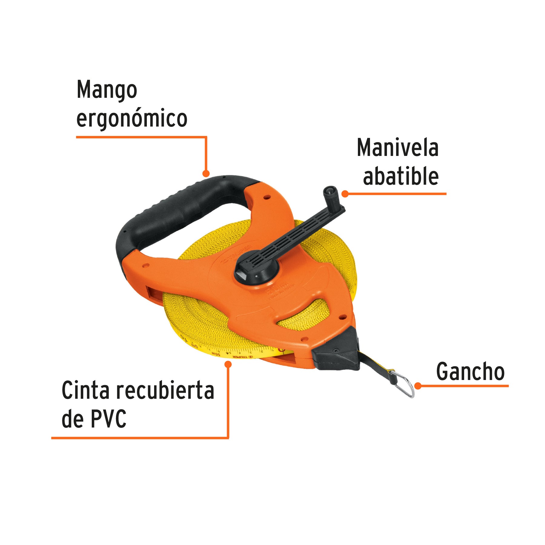 Cinta métrica larga 50 m fibra de vidrio, tipo cruceta